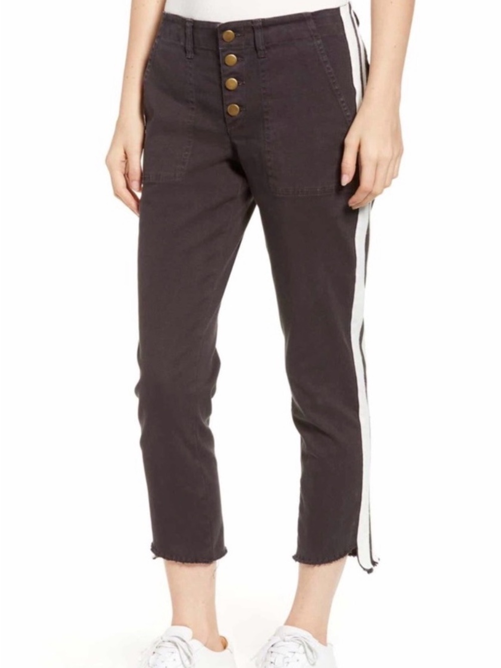 #710 PAM & GELA Black Cropped Tailored Pants with White Side Stripe Tie Back